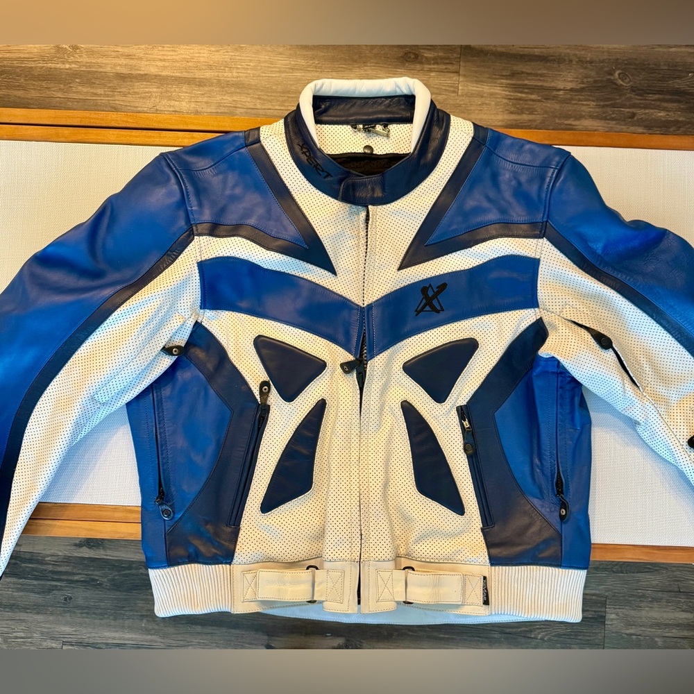Xpert Performance Gear Pro leather motorcycle jacket Blue, Black & White size 50